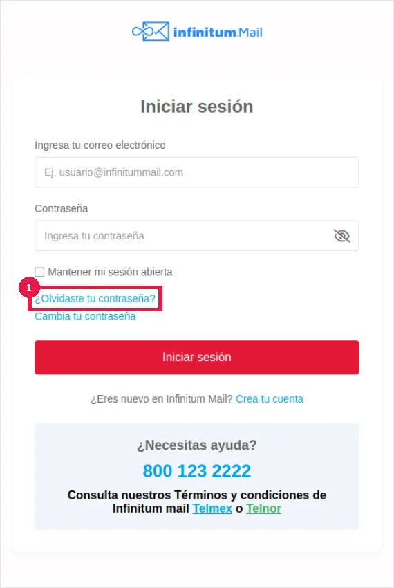 Telmex Mail: qué es y cómo entrar a tu correo de Telmex 2 Enlace ¿Olvidaste tu contraseña? en la pantalla de inicio de sesión de Infinitum Mail
