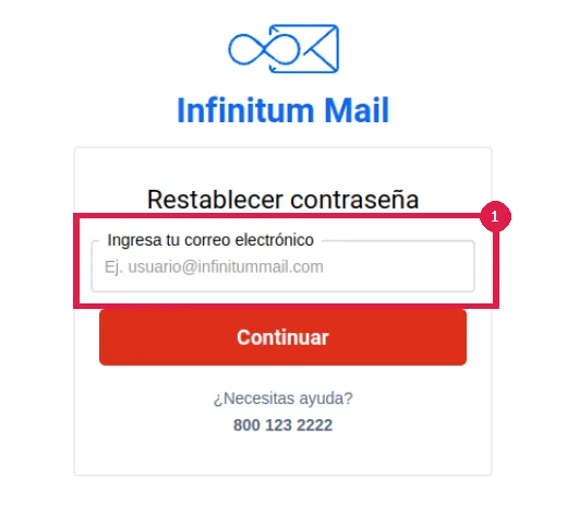 Cómo recuperar la contraseña de Prodigy Mail o Infinitum Mail (también sin celular) 2 Pantalla oficial para restablecer la contraseña de Infinitum Mail: se escribe el correo y se pulsa Continuar